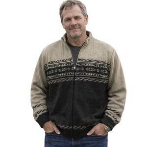 Vintage Puritan Mens Sweater Medium Gray Striped Full-Zip Nordic Knit Acrylic